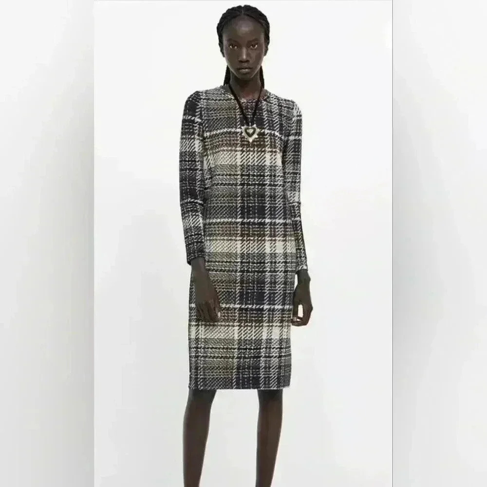 Zara Dress Womens Large Black Beige Plaid Shift Long Sleeve Classic Preppy